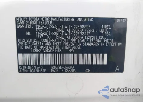 2012 Toyota Rav4 Limited V6 z USA, uszkodzony, nr VIN 2T3DK4DV5CW074488